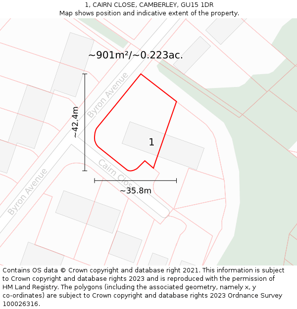 1, CAIRN CLOSE, CAMBERLEY, GU15 1DR: Plot and title map