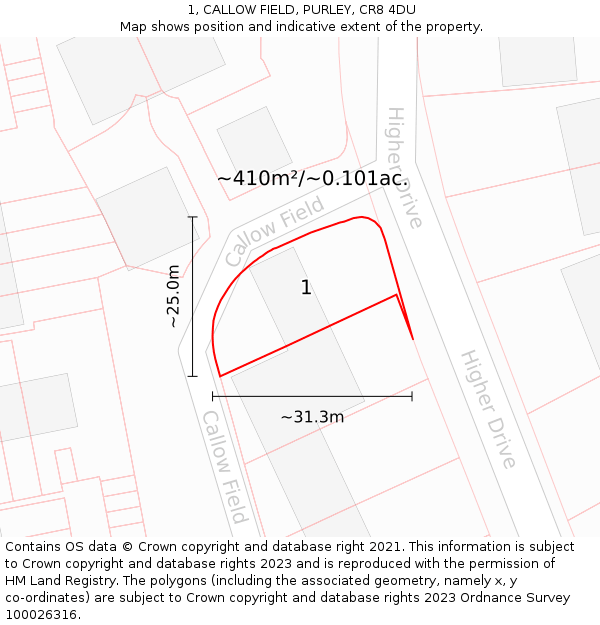 1, CALLOW FIELD, PURLEY, CR8 4DU: Plot and title map