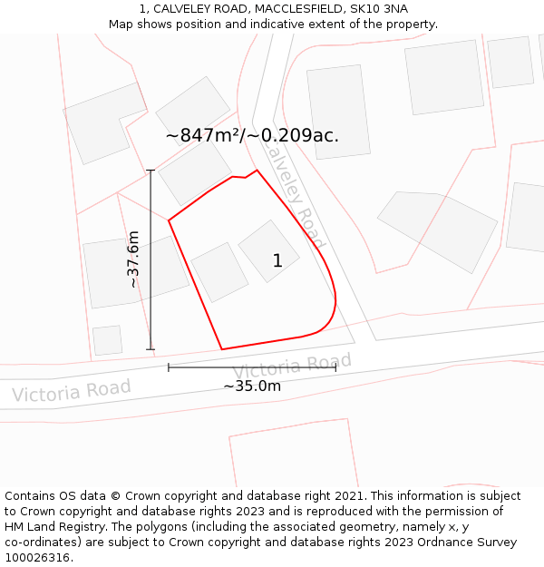 1, CALVELEY ROAD, MACCLESFIELD, SK10 3NA: Plot and title map