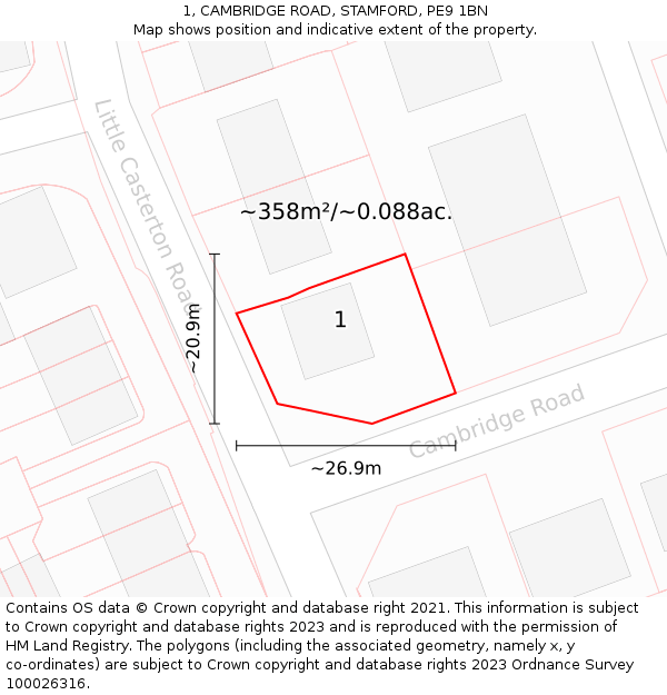 1, CAMBRIDGE ROAD, STAMFORD, PE9 1BN: Plot and title map