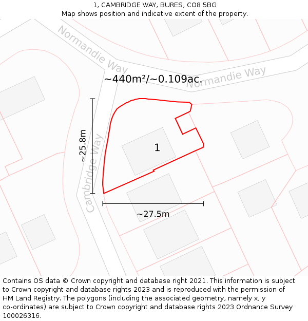 1, CAMBRIDGE WAY, BURES, CO8 5BG: Plot and title map