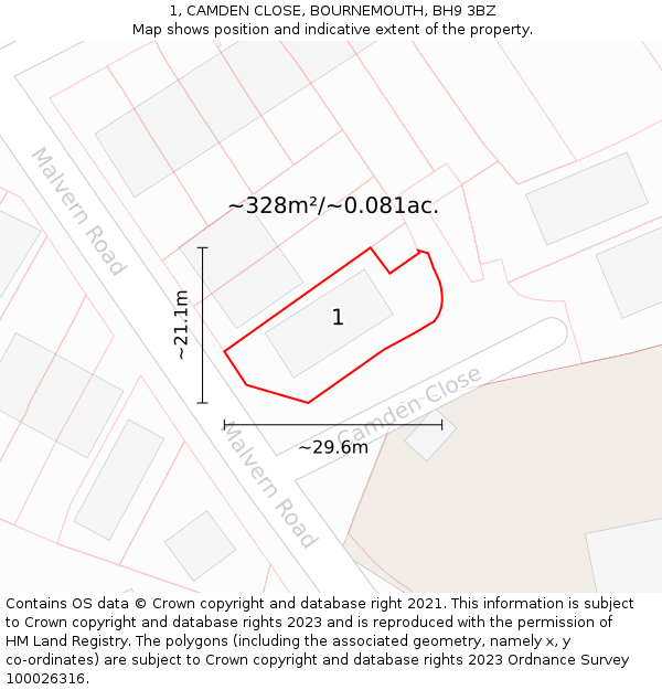 1, CAMDEN CLOSE, BOURNEMOUTH, BH9 3BZ: Plot and title map
