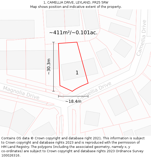 1, CAMELLIA DRIVE, LEYLAND, PR25 5RW: Plot and title map