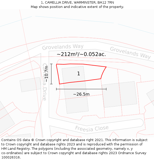 1, CAMELLIA DRIVE, WARMINSTER, BA12 7RN: Plot and title map