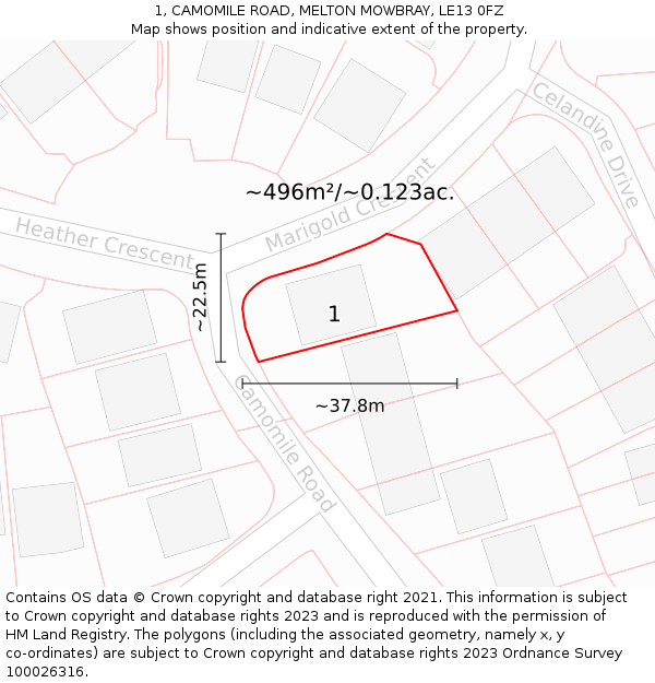 1, CAMOMILE ROAD, MELTON MOWBRAY, LE13 0FZ: Plot and title map