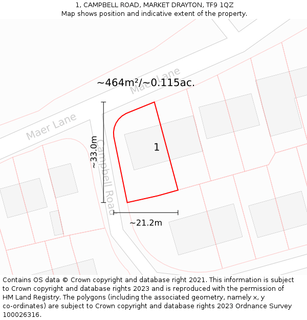 1, CAMPBELL ROAD, MARKET DRAYTON, TF9 1QZ: Plot and title map