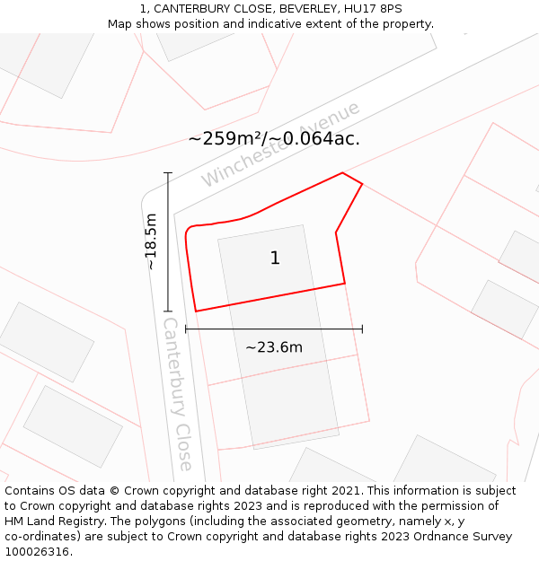 1, CANTERBURY CLOSE, BEVERLEY, HU17 8PS: Plot and title map