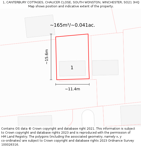 1, CANTERBURY COTTAGES, CHAUCER CLOSE, SOUTH WONSTON, WINCHESTER, SO21 3HQ: Plot and title map