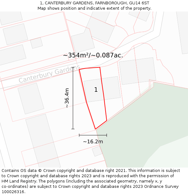 1, CANTERBURY GARDENS, FARNBOROUGH, GU14 6ST: Plot and title map