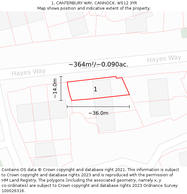 1, CANTERBURY WAY, CANNOCK, WS12 3YR: Plot and title map