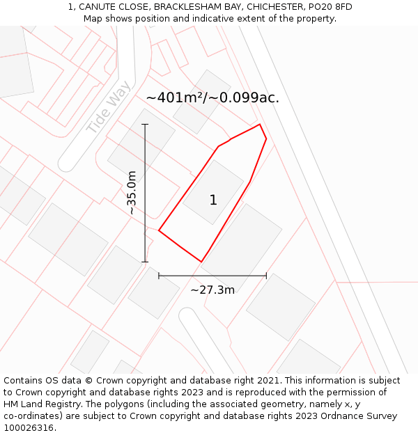 1, CANUTE CLOSE, BRACKLESHAM BAY, CHICHESTER, PO20 8FD: Plot and title map