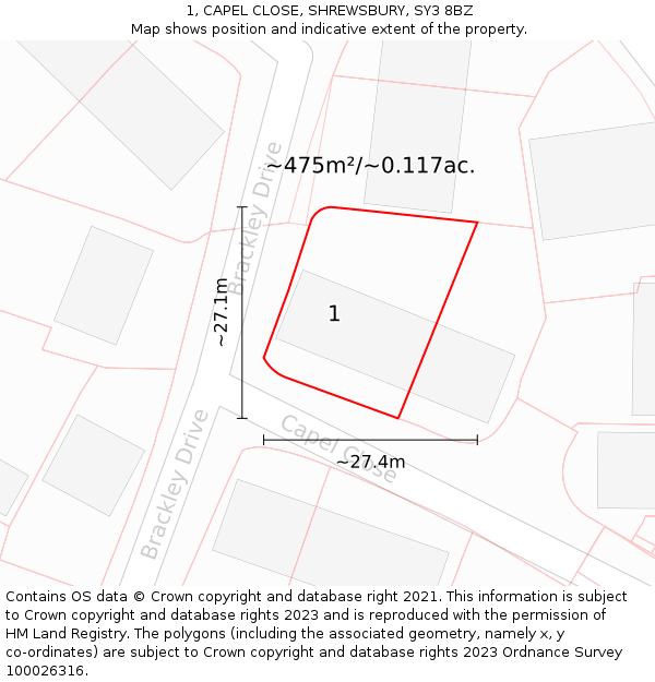 1, CAPEL CLOSE, SHREWSBURY, SY3 8BZ: Plot and title map