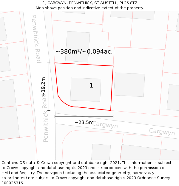 1, CARGWYN, PENWITHICK, ST AUSTELL, PL26 8TZ: Plot and title map