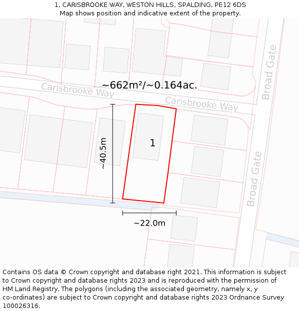 1, CARISBROOKE WAY, WESTON HILLS, SPALDING, PE12 6DS: Plot and title map