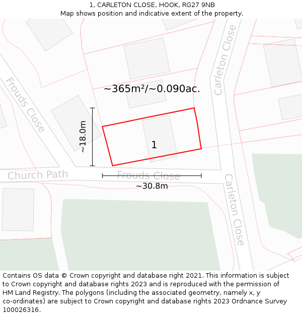 1, CARLETON CLOSE, HOOK, RG27 9NB: Plot and title map