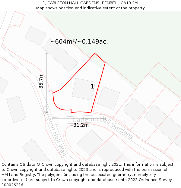 1, CARLETON HALL GARDENS, PENRITH, CA10 2AL: Plot and title map