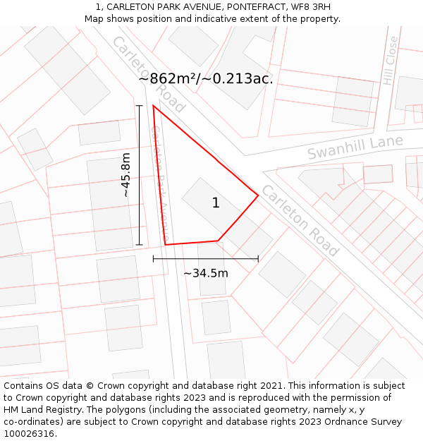 1, CARLETON PARK AVENUE, PONTEFRACT, WF8 3RH: Plot and title map