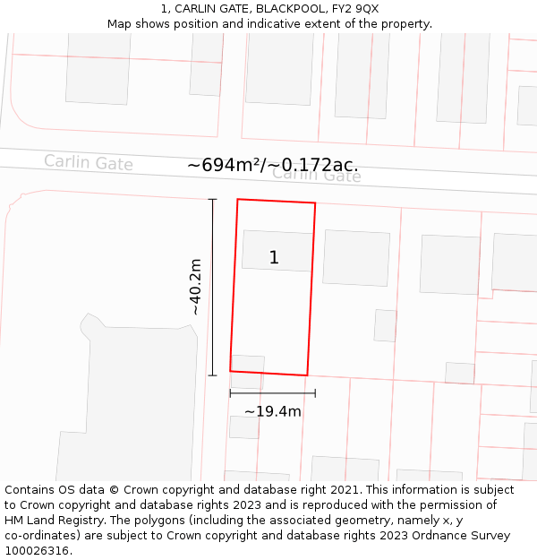 1, CARLIN GATE, BLACKPOOL, FY2 9QX: Plot and title map