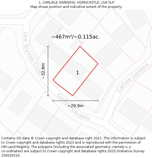 1, CARLISLE GARDENS, HORNCASTLE, LN9 5LP: Plot and title map