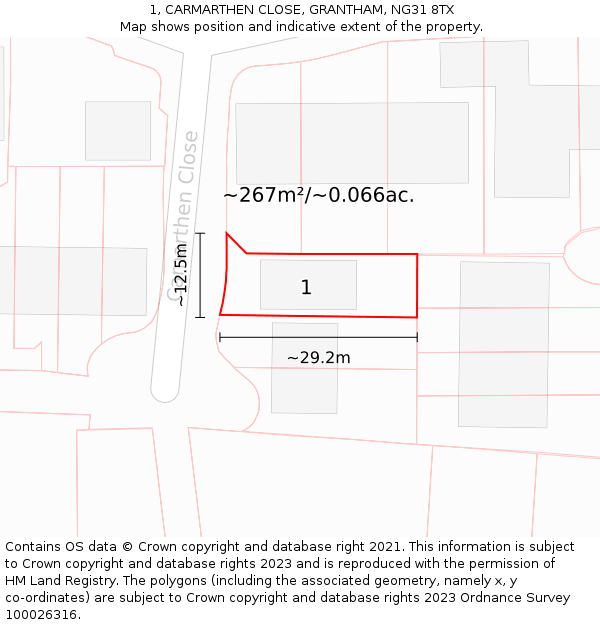 1, CARMARTHEN CLOSE, GRANTHAM, NG31 8TX: Plot and title map