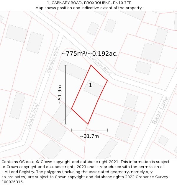 1, CARNABY ROAD, BROXBOURNE, EN10 7EF: Plot and title map