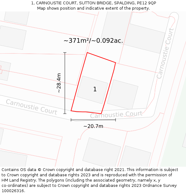 1, CARNOUSTIE COURT, SUTTON BRIDGE, SPALDING, PE12 9QP: Plot and title map