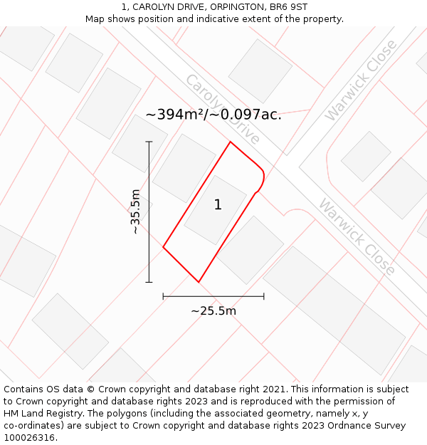 1, CAROLYN DRIVE, ORPINGTON, BR6 9ST: Plot and title map