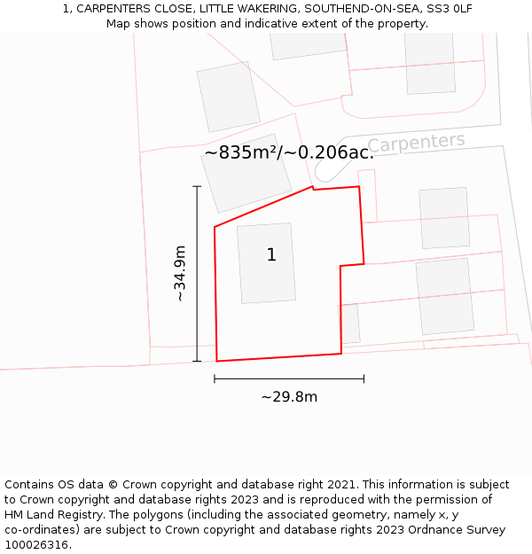 1, CARPENTERS CLOSE, LITTLE WAKERING, SOUTHEND-ON-SEA, SS3 0LF: Plot and title map