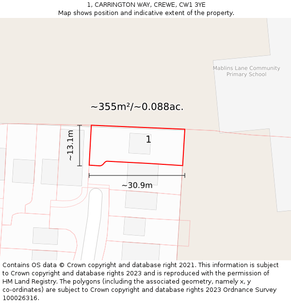 1, CARRINGTON WAY, CREWE, CW1 3YE: Plot and title map