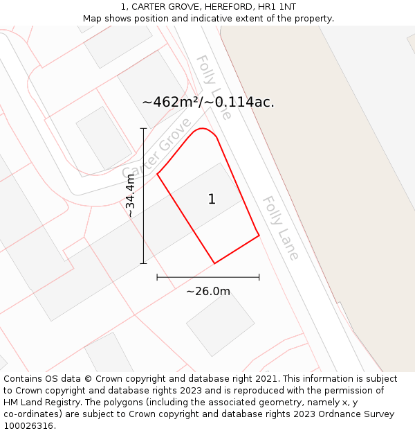 1, CARTER GROVE, HEREFORD, HR1 1NT: Plot and title map