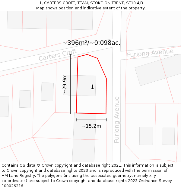 1, CARTERS CROFT, TEAN, STOKE-ON-TRENT, ST10 4JB: Plot and title map