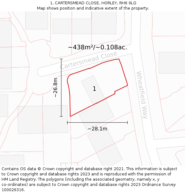 1, CARTERSMEAD CLOSE, HORLEY, RH6 9LG: Plot and title map