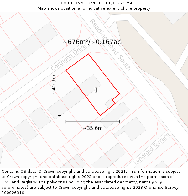 1, CARTHONA DRIVE, FLEET, GU52 7SF: Plot and title map