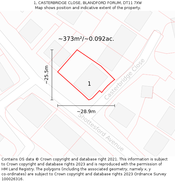 1, CASTERBRIDGE CLOSE, BLANDFORD FORUM, DT11 7XW: Plot and title map