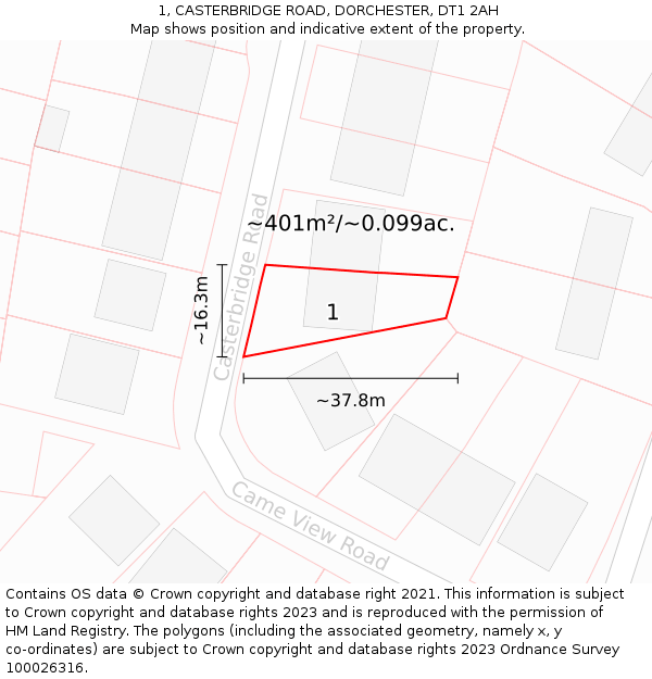 1, CASTERBRIDGE ROAD, DORCHESTER, DT1 2AH: Plot and title map