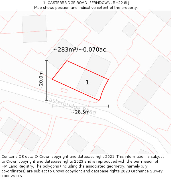 1, CASTERBRIDGE ROAD, FERNDOWN, BH22 8LJ: Plot and title map