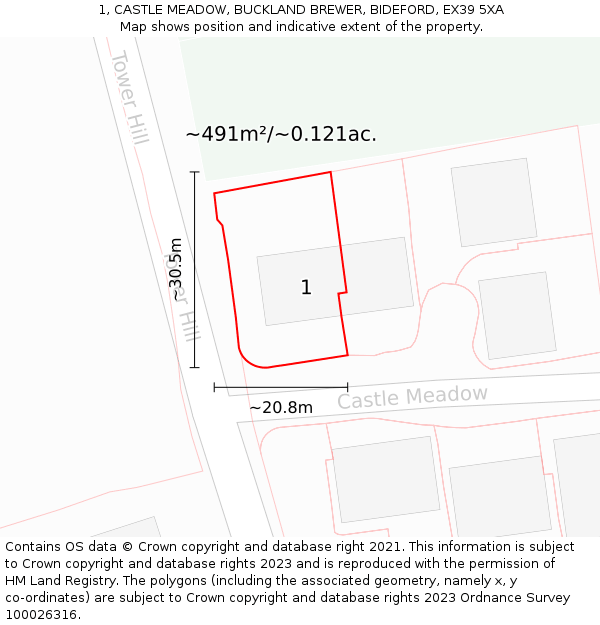 1, CASTLE MEADOW, BUCKLAND BREWER, BIDEFORD, EX39 5XA: Plot and title map