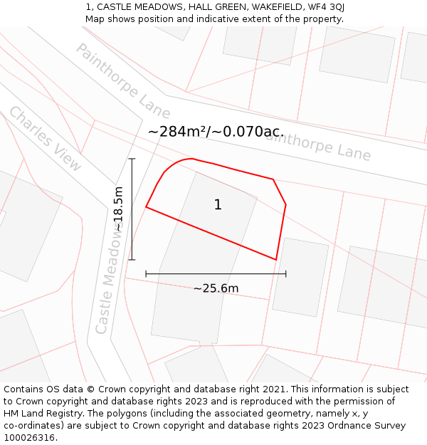 1, CASTLE MEADOWS, HALL GREEN, WAKEFIELD, WF4 3QJ: Plot and title map