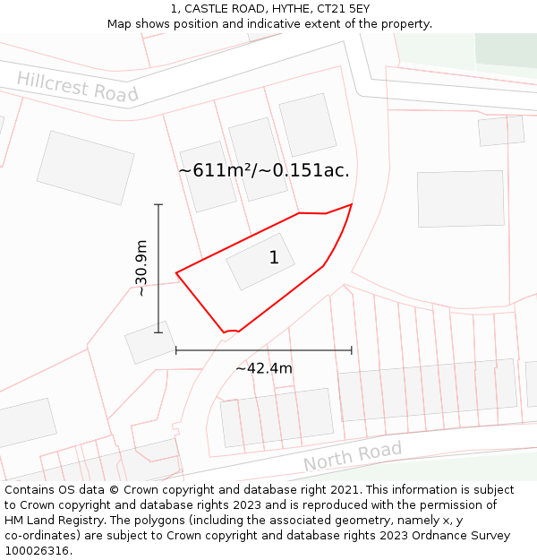 1, CASTLE ROAD, HYTHE, CT21 5EY: Plot and title map