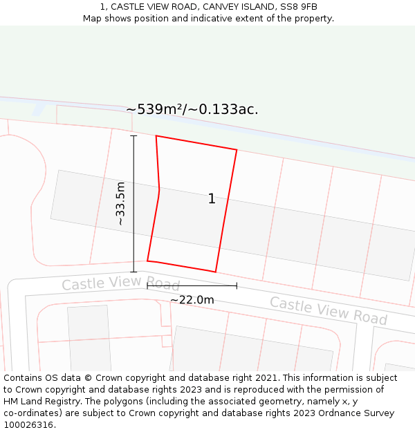 1, CASTLE VIEW ROAD, CANVEY ISLAND, SS8 9FB: Plot and title map
