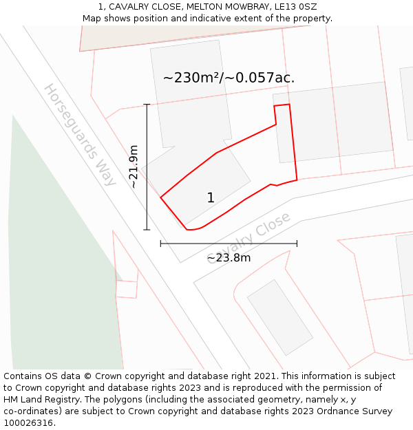 1, CAVALRY CLOSE, MELTON MOWBRAY, LE13 0SZ: Plot and title map