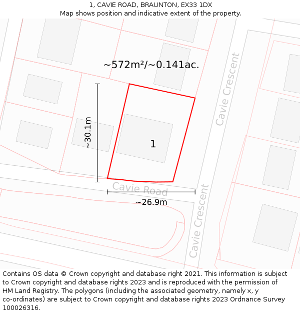 1, CAVIE ROAD, BRAUNTON, EX33 1DX: Plot and title map