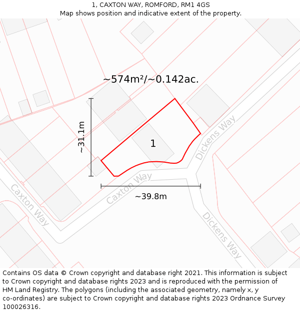 1, CAXTON WAY, ROMFORD, RM1 4GS: Plot and title map