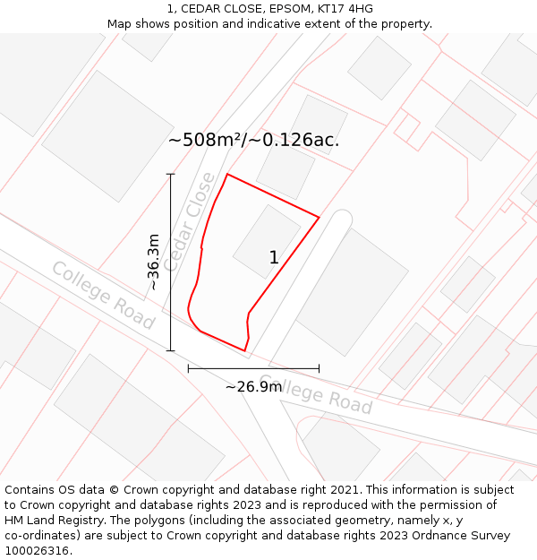 1, CEDAR CLOSE, EPSOM, KT17 4HG: Plot and title map