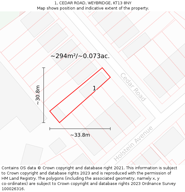 1, CEDAR ROAD, WEYBRIDGE, KT13 8NY: Plot and title map