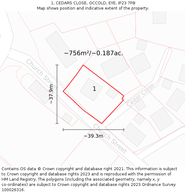 1, CEDARS CLOSE, OCCOLD, EYE, IP23 7PB: Plot and title map