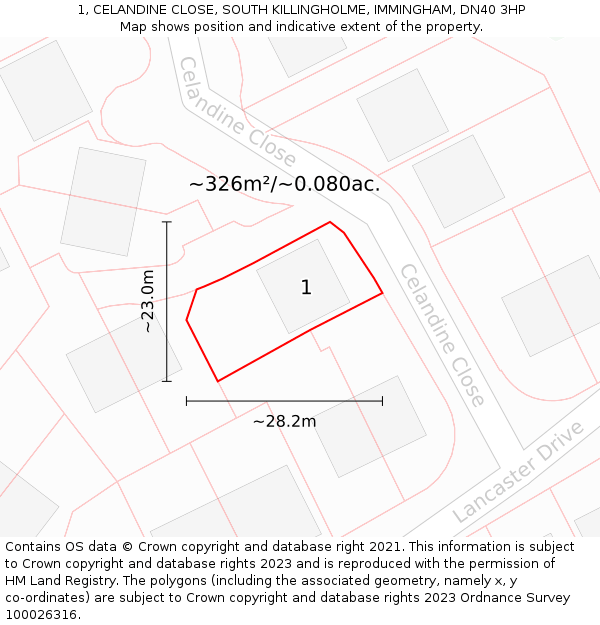 1, CELANDINE CLOSE, SOUTH KILLINGHOLME, IMMINGHAM, DN40 3HP: Plot and title map