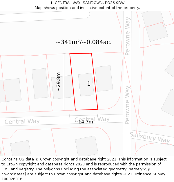 1, CENTRAL WAY, SANDOWN, PO36 9DW: Plot and title map