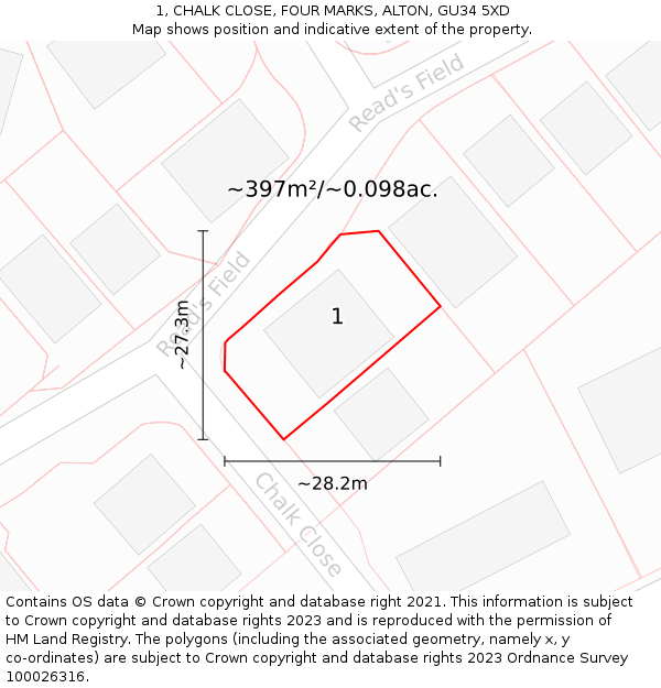 1, CHALK CLOSE, FOUR MARKS, ALTON, GU34 5XD: Plot and title map