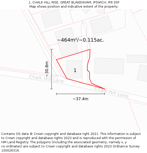 1, CHALK HILL RISE, GREAT BLAKENHAM, IPSWICH, IP6 0SF: Plot and title map